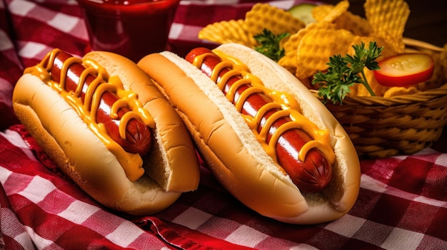 Foto l'immagine mostra hot dog grigliati serviti con ketchup alla senape e prelibatezze su un tavolo da picnic