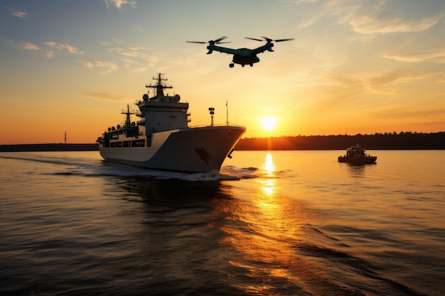 The image showcases the sleek design of the drone as it glides across the water surface towards