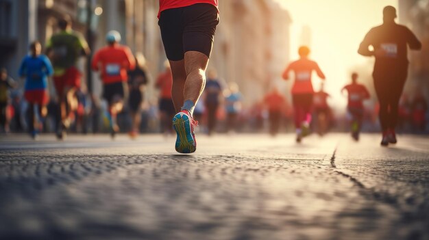 The image showcases unidentified individuals39 lower sections running a marathon against a blurred sports background capturing the essence of city street running and sports activities