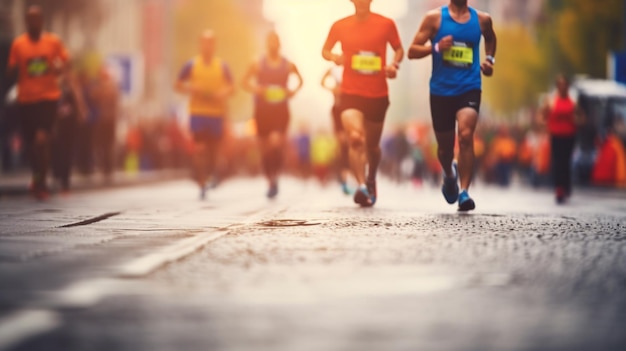 The image showcases unidentified individuals39 lower sections running a marathon against a blurred sports background capturing the essence of city street running and sports activities