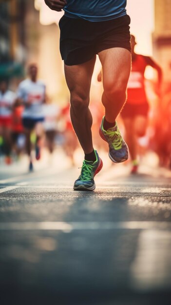 The image showcases unidentified individuals39 lower sections running a marathon against a blurred sports background capturing the essence of city street running and sports activities