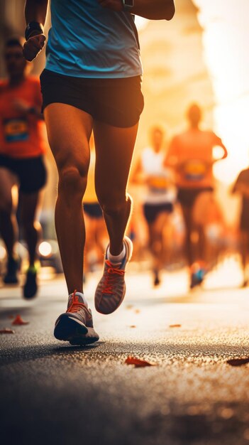 The image showcases unidentified individuals39 lower sections running a marathon against a blurred sports background capturing the essence of city street running and sports activities