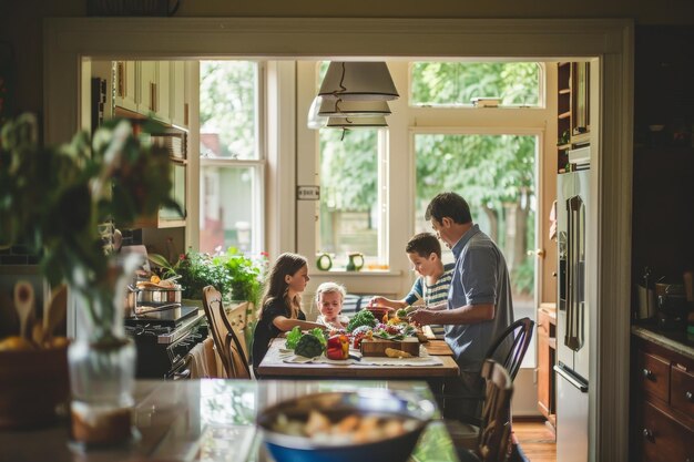 An image showcasing A Happy family breakfast