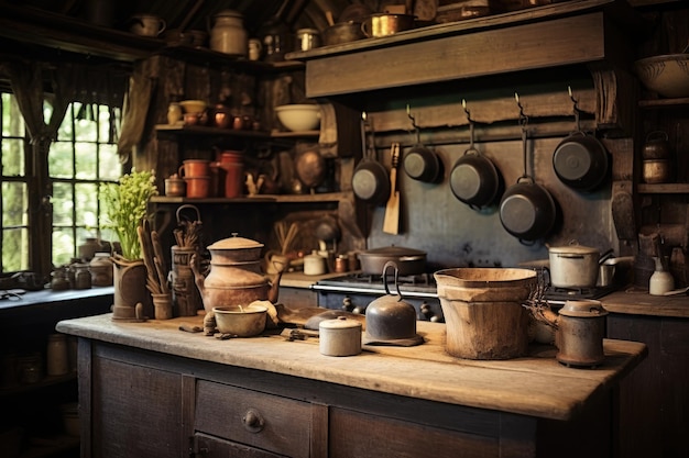 鍋やフライパンのコレクションが展示されている昔ながらのキッチンを紹介する画像 AI が生成した、アンティークの食器を備えた素朴な農家のキッチン