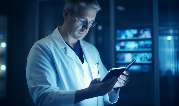 An image showcasing a professional medical setting with a doctor operating an advanced AI powered