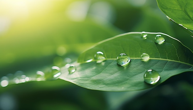 写実的な風景のスタイルで緑の葉の上に水滴を示す画像