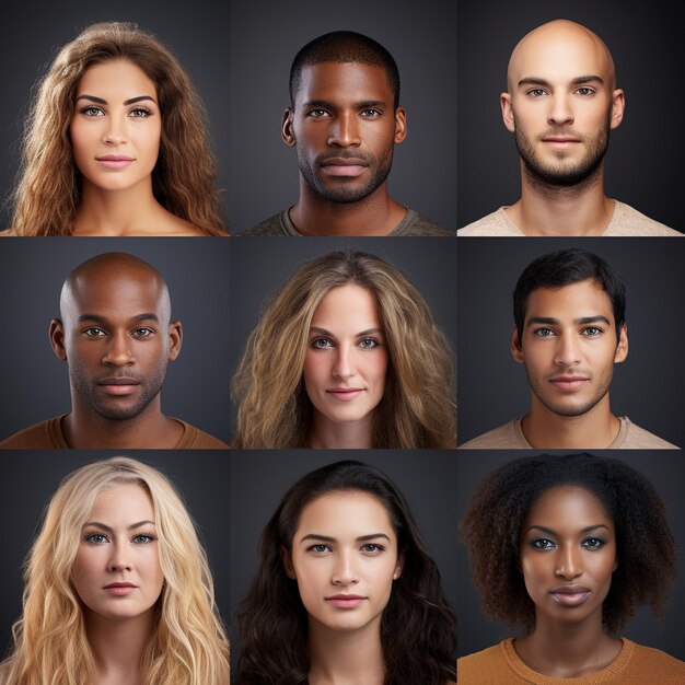 Photo an image showing grid of the faces of many different people of different ethnic