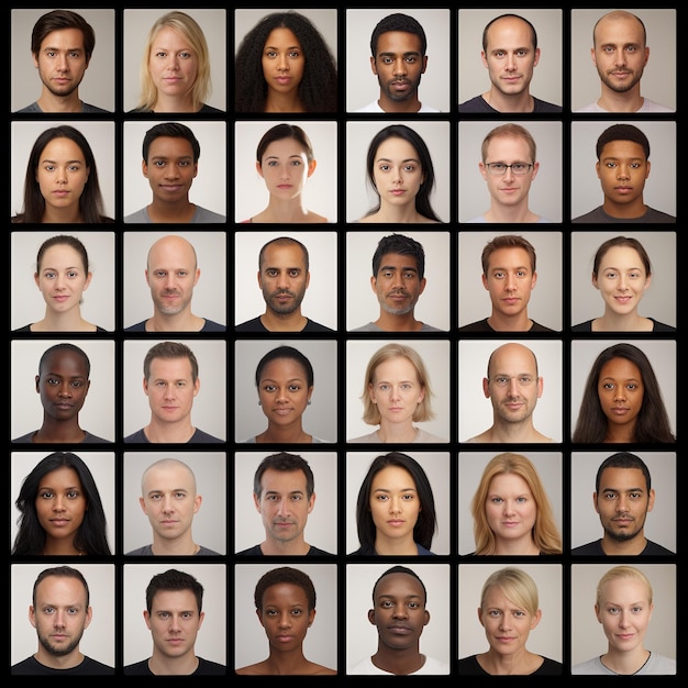 Photo an image showing grid of the faces of many different people of different ethnic