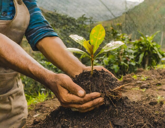 an image showing human hands planting trees in the ground
