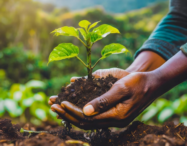 an image showing human hands planting trees in the ground