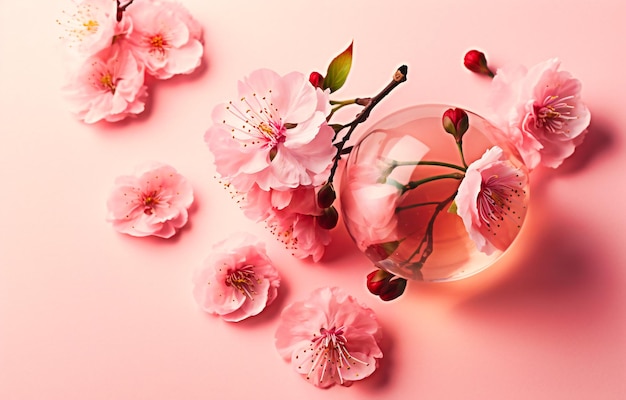 An image showing pink cherry blossoms and flowers on a light pink background