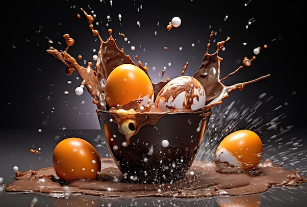 an image showing shots of chocolate easter eggs and cocoa splash in the style of philip mckay