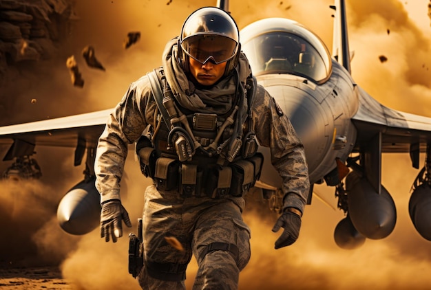 Photo an image showing a soldier a man in military gear walking towards a fighter jet