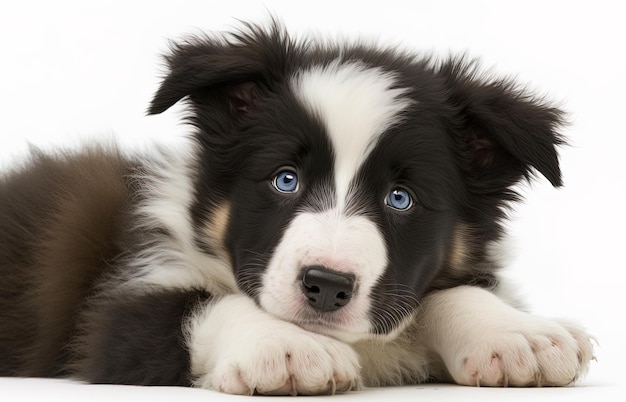 Image shows a 9weekold border collie pup sleeping against a white backdrop