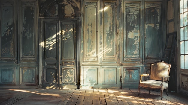The image shows an abandoned room with a single chair illuminate