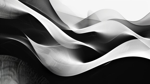The image shows an abstract design of flowing wavelike forms in black and white with a sense of movement and grace geometric black and white forms flowing waves in background