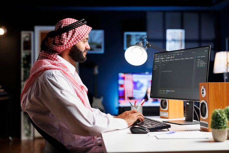 Photo image shows an arab software developer working at the pc monitor seated at a workstation processing algorithm muslim coder uses a desktop computer to work on the user interface