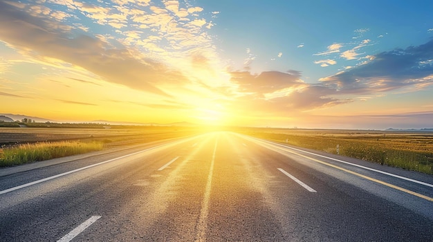 The image shows a beautiful landscape with a long road stretching into the distance