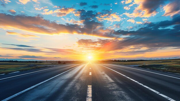 The image shows a beautiful landscape with a long road stretching into the distance