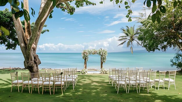 The image shows a beautiful outdoor wedding ceremony setup There is a large tree on the left side of the image and the ocean is in the background