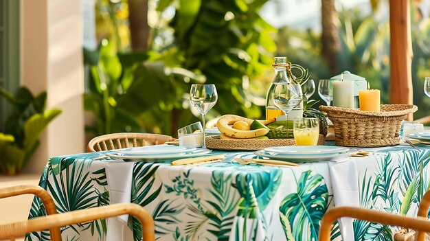 The image shows a beautifully set table in a tropical setting