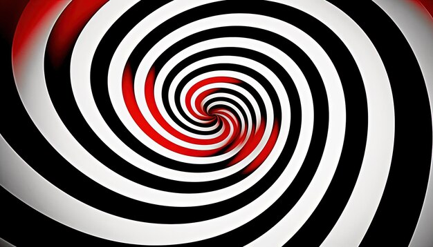 an image shows a black and white spiral with a red center in the style of psychedelic surrealism