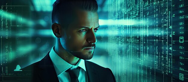 The image shows a businessman with source code and programmer image overlay symbolizing programming cyber security business and internet of things