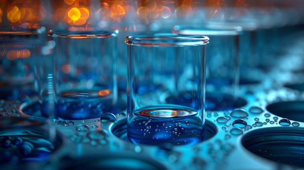 The image shows a closeup of test tubes against a blue background