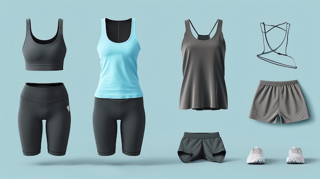 The image shows a collection of womens sportswear There are two sports bras two tank tops a pair of shorts and a pair of running shoes