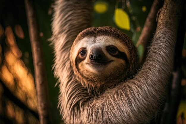 Photo image shows a contented threetoed sloth in the midst of the jungle