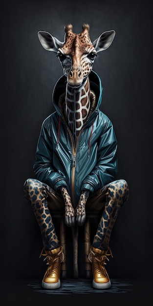 Image shows a dapper anthropomorphic giraffe sporting a trendy jacket and shoes as it sits on its ha..