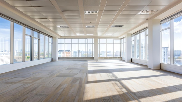 The image shows an empty office space with large windows and a beautiful city view The room is bright and sunny The floor is covered with carpet