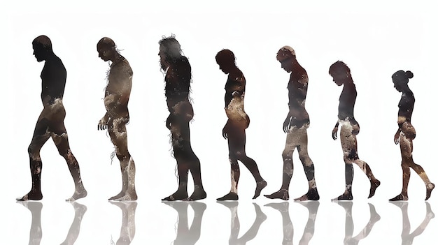 Photo the image shows the evolution of human beings it starts with a silhouette of an apelike creature and ends with a modern human