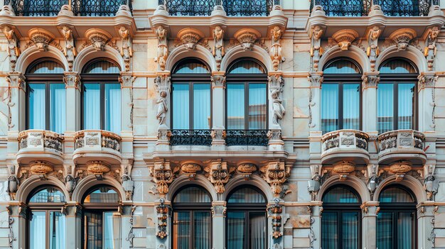 Photo the image shows the facade of a grand building with ornate details the building is made of beige marble and has many windows and balconies