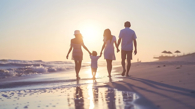 写真は4人組の家族がビーチを歩いている姿です太陽が沈み波が海岸にぶつかっています