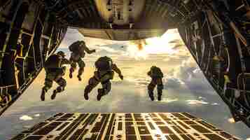 Photo the image shows five paratroopers jumping out of a military aircraft