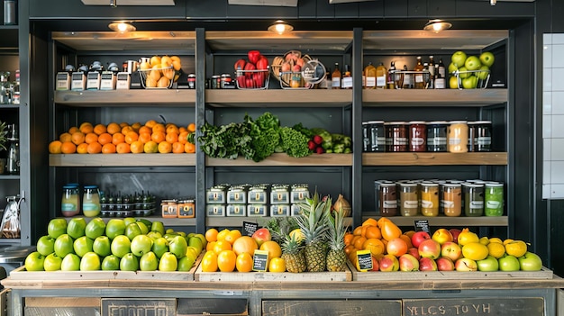 На изображении показан продуктовый магазин с различными фруктами и овощами на полках и в корзинах