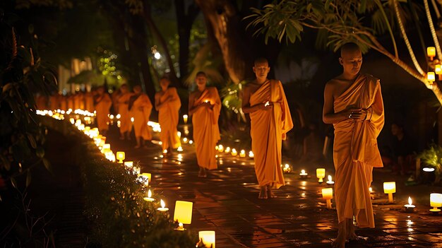 The image shows a group of Buddhist monks walking barefoot along a path lined with glowing candles at night