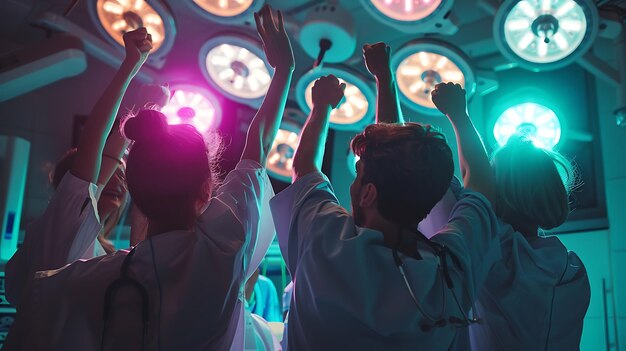 Photo the image shows a group of doctors celebrating in an operating room