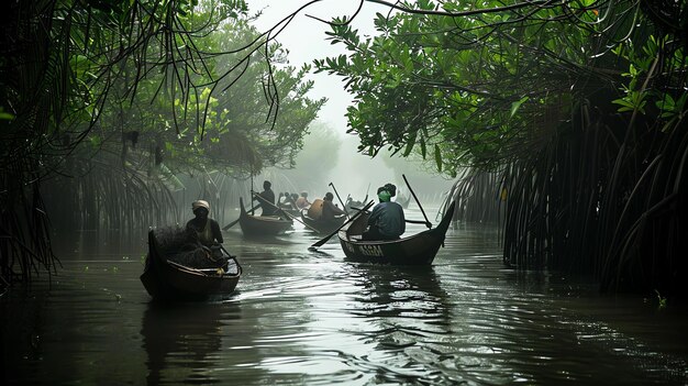 Foto l'immagine mostra un gruppo di persone in barche che navigano attraverso un fiume stretto in una foresta di mangrovie le barche sono fatte di legno e sono alimentate da remi