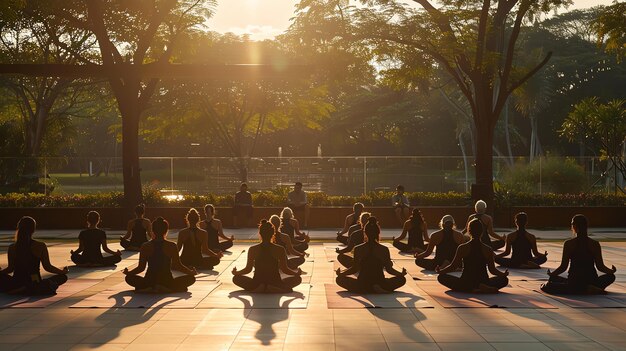 The image shows a group of people doing yoga in a park The sun is setting and the trees are silhouetted against the sky