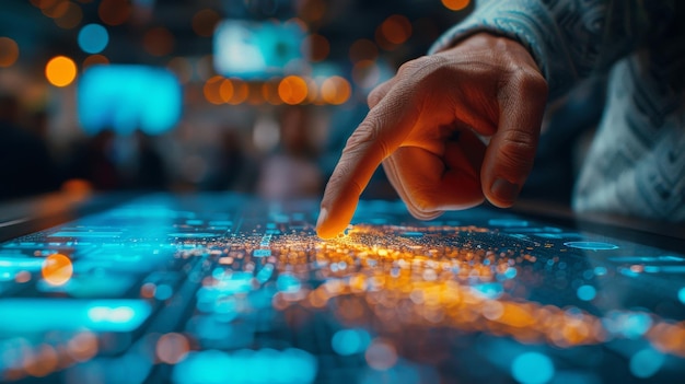 The image shows a hand pointing at a touchscreen in a meeting environment