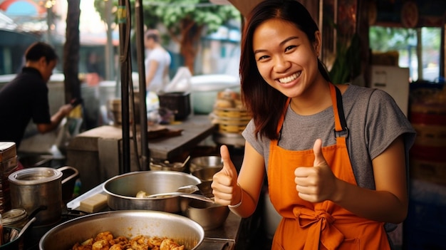 Image shows a happy apronclad woman selling chicken noodles GENERATE AI