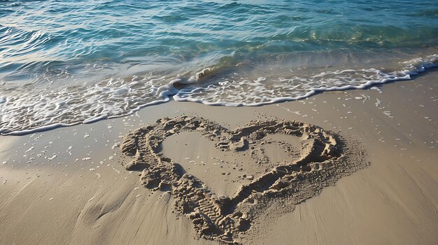 The image shows a heart drawn in the sand on a beach The heart is in the foreground with the ocean and waves in the background