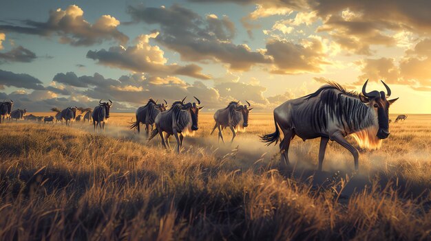 Photo the image shows a herd of wildebeests running across the savanna