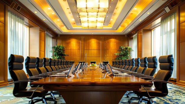 The image shows a large empty conference room with a long table in the center The table is surrounded by comfortable leather chairs