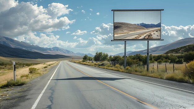 Photo the image shows a lonely billboard by the side of a road with a beautiful landscape of mountains and blue sky behind it