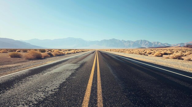 Foto l'immagine mostra una strada lunga e dritta che si estende in lontananza con le montagne sullo sfondo