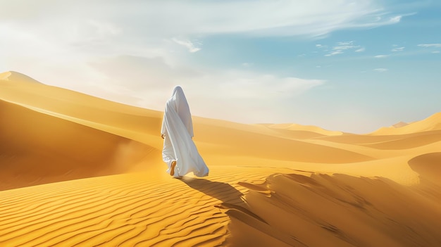 画像は広大な砂漠の風景を歩く白いローブを着た男性を示しています