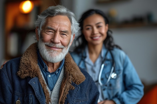 The image shows a man with a white beard and a woman with a stethoscope